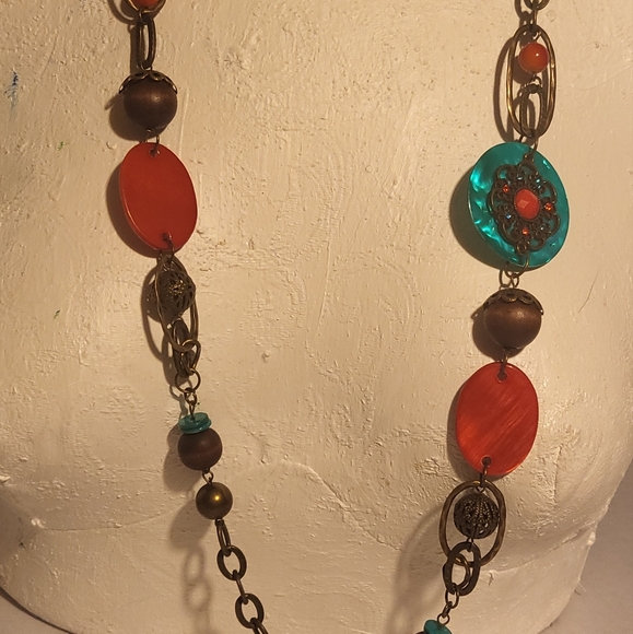 Jules B Coral Color  and Blue MOP Necklace with Bold Beads - Picture 1 of 9